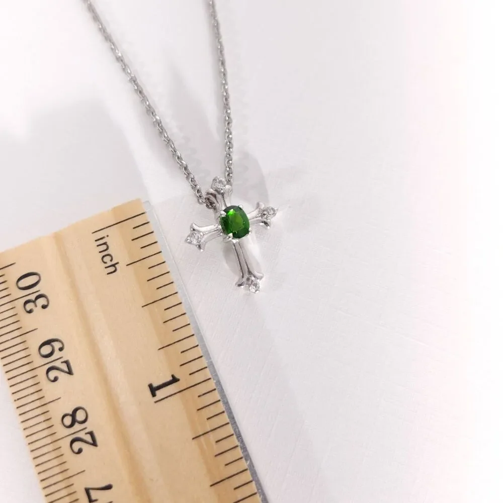 Chrome Diopside Cross Pendant and Stainless Steel Chain